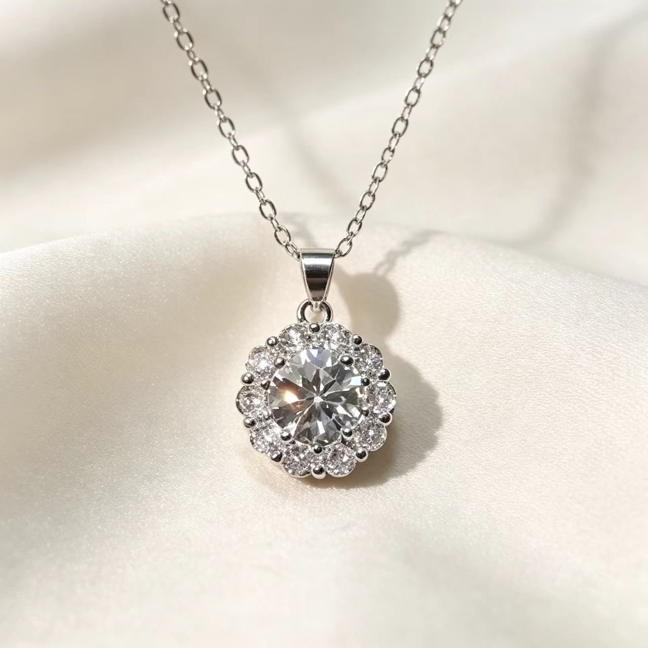 2-28 925 Sterling Silver Sunflower Halo Moissanite Necklace - Image 1